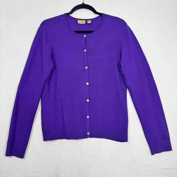 Caslon Royal Purple Crewneck Cardigan Sweater Petite Large Rib Knit Trim Rayon - Picture 1 of 6